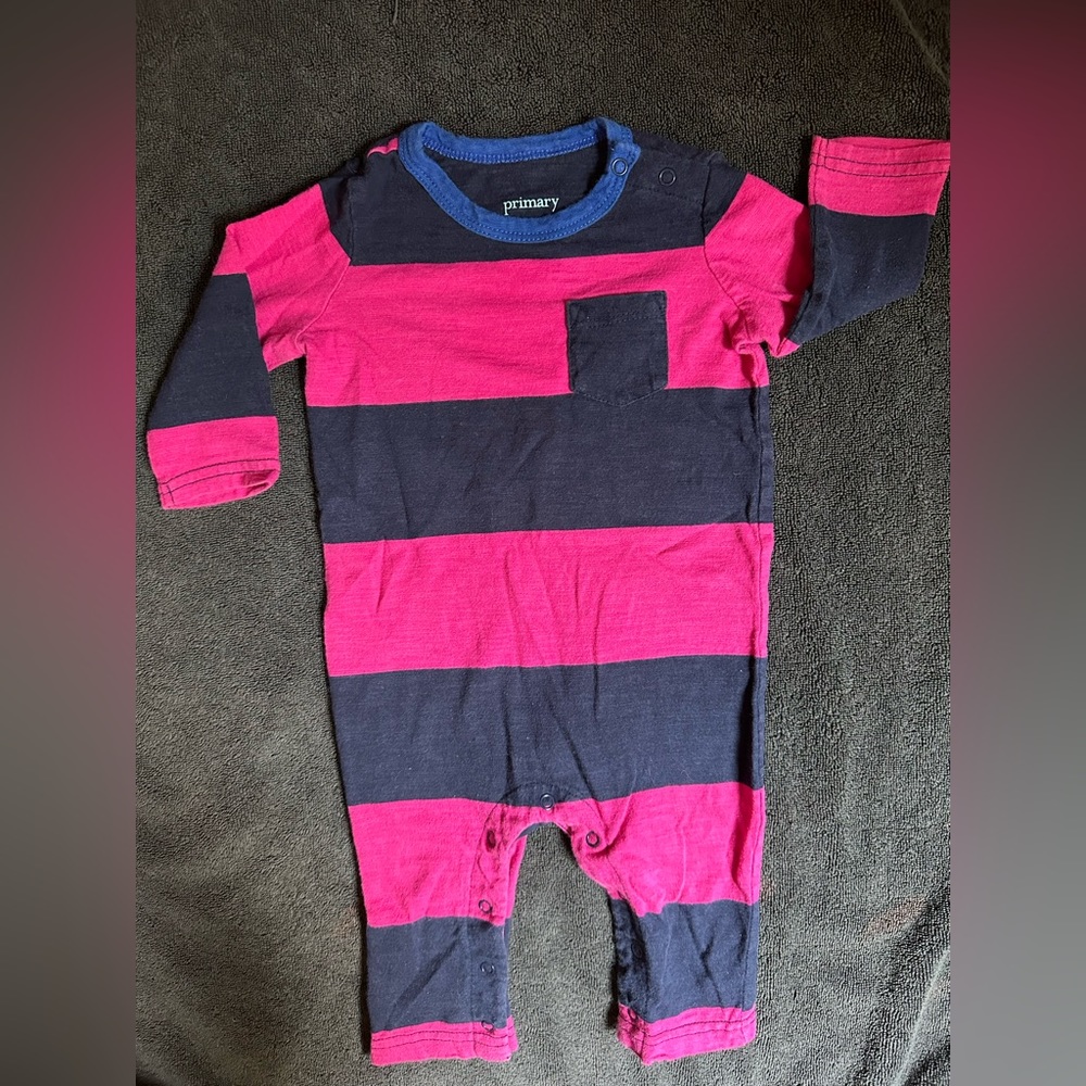 Primary Baby 3-6 months Unisex Rugby Stripe Romper - Magenta/Navy (GUC)
